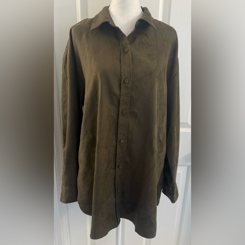 Banana Republic Women’s Top Brown Green Button Down Long Sleeves Vegan suede L